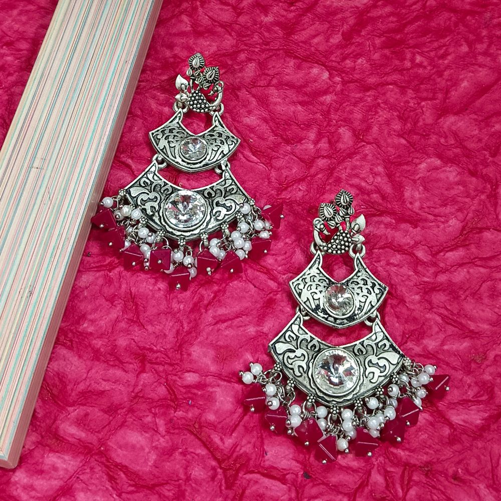 Silver Kundan Flower Studs with Hanging Pink Stone & Pearls - MH4364 -  Simply Silver by Neha